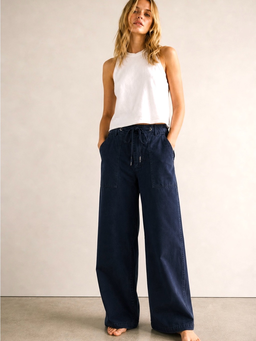James Perse NWT Navy Wide Leg Utility Pants Drawstring Size 25